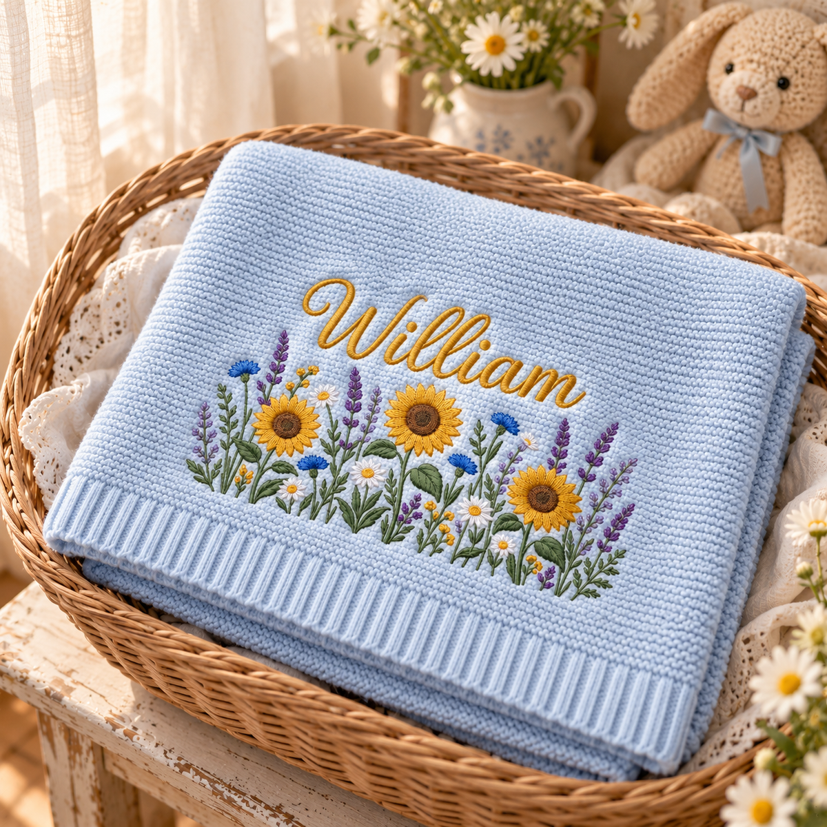 Custom Name Baby Knitted Blanket Sunflowers Lavender Warm Infant Swaddle Sheet Throw