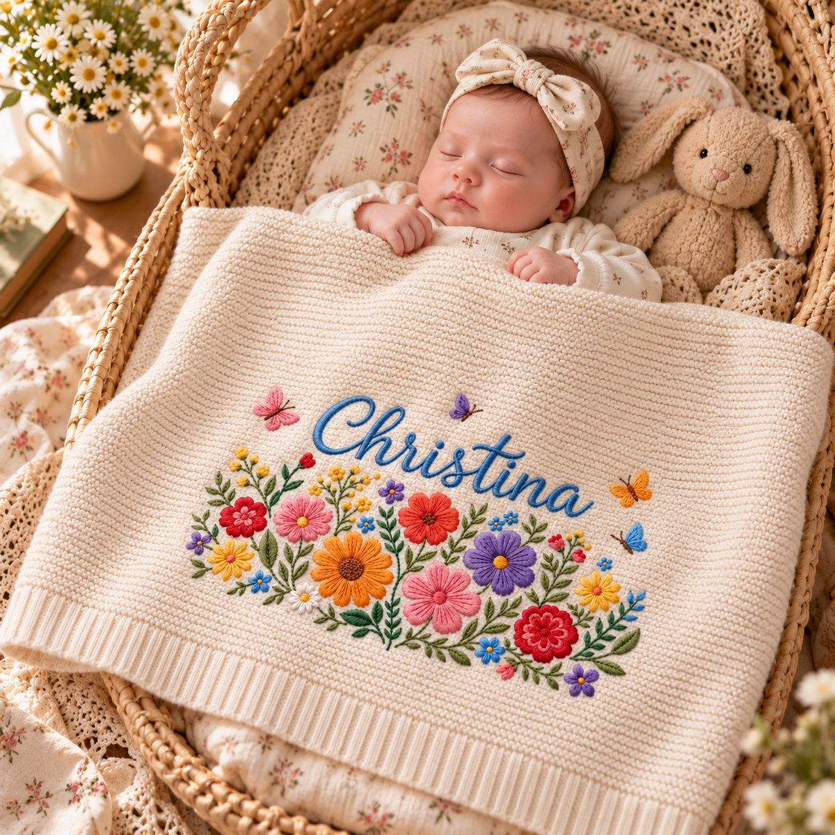 Custom Name Baby Knitted Blanket Wildflowers Butterflies Warm Infant Swaddle Sheet Throw