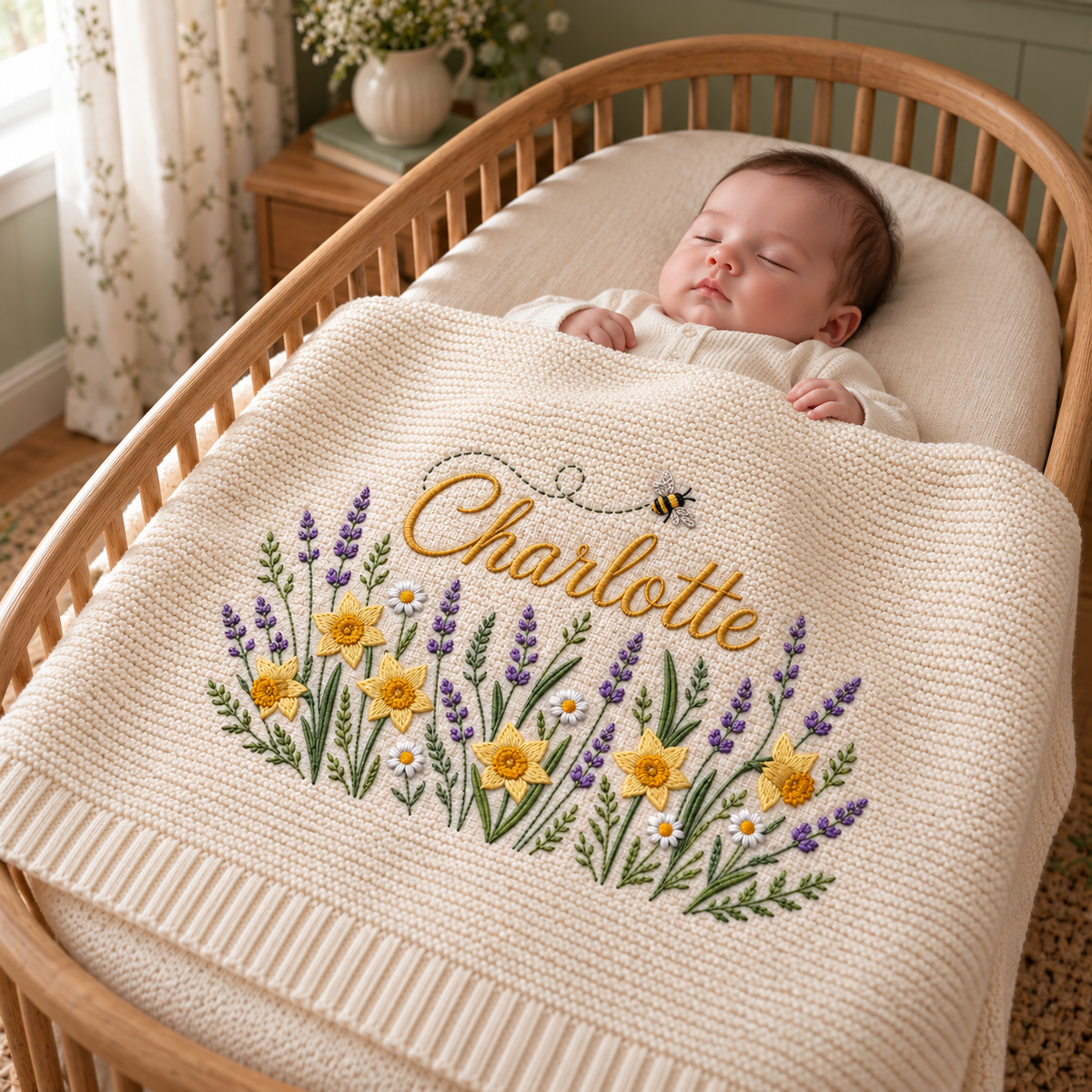 Custom Name Baby Knitted Blanket Daffodils Lavender Bee Warm Infant Swaddle Sheet Throw