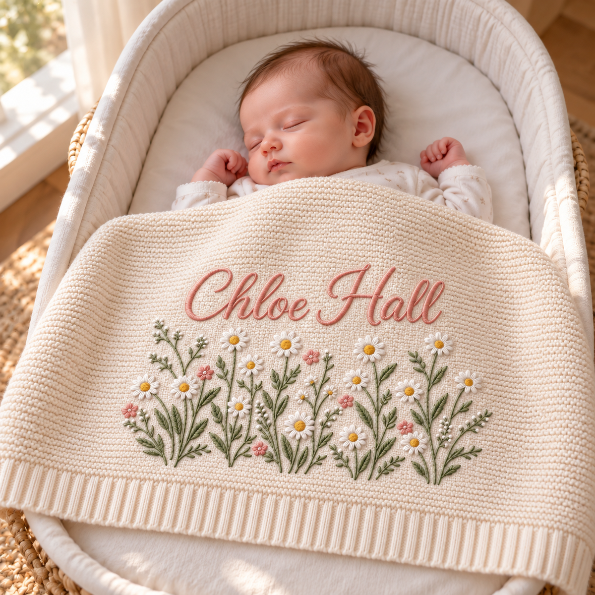 Custom Name Baby Knitted Blanket Daisy Flowers Garden Warm Infant Swaddle Sheet Throw
