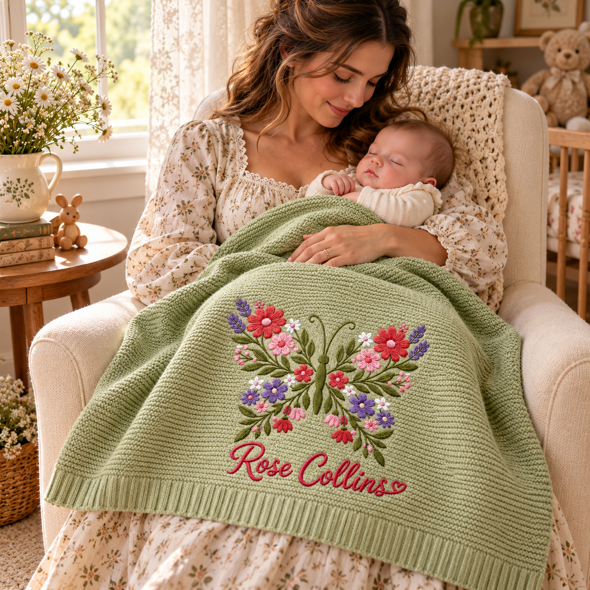 Custom Name Baby Knitted Blanket Floral Butterfly Warm Infant Swaddle Sheet Throw Cover