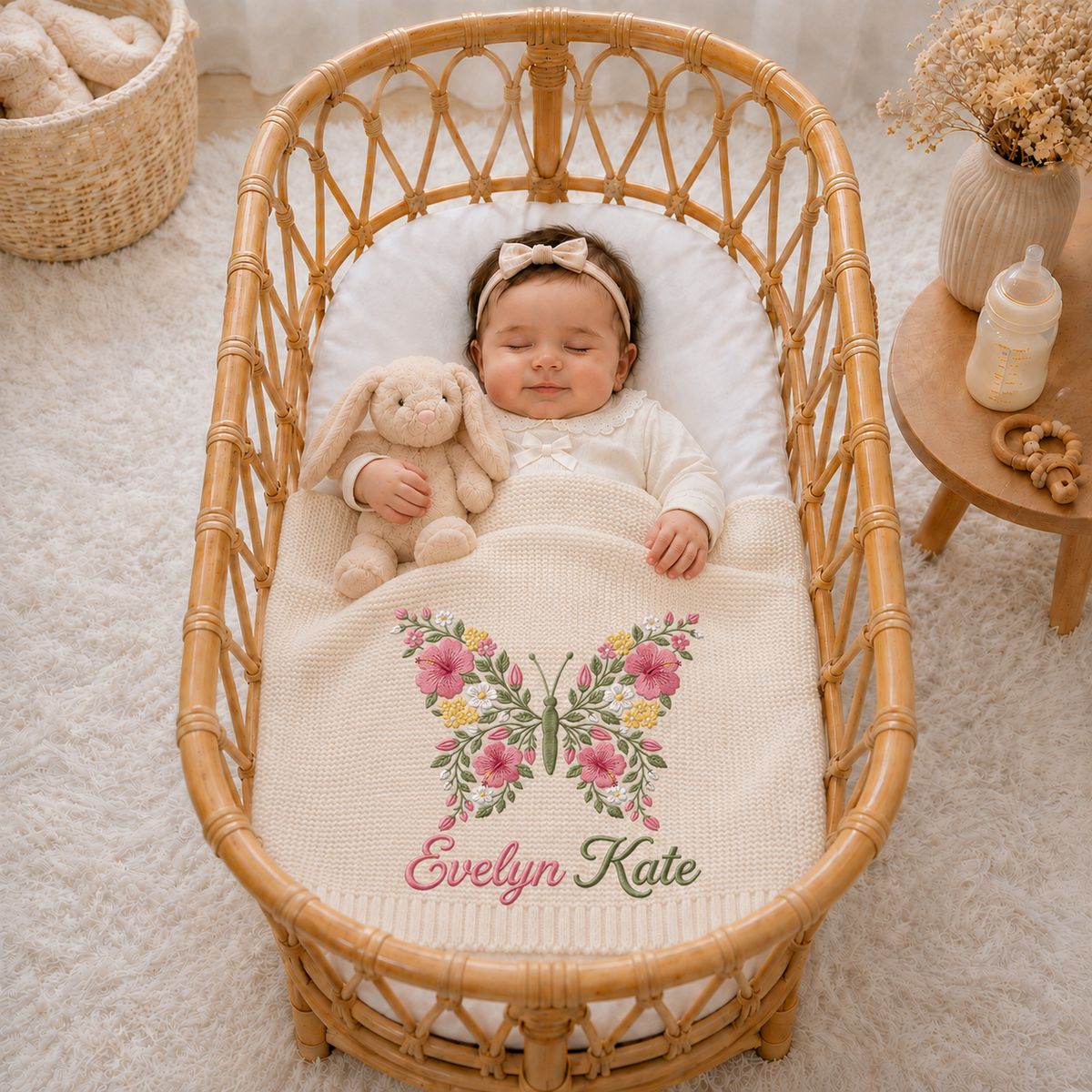 Custom Name Baby Knitted Blanket Butterfly Flowers Warm Infant Swaddle Sheet Throw Cover