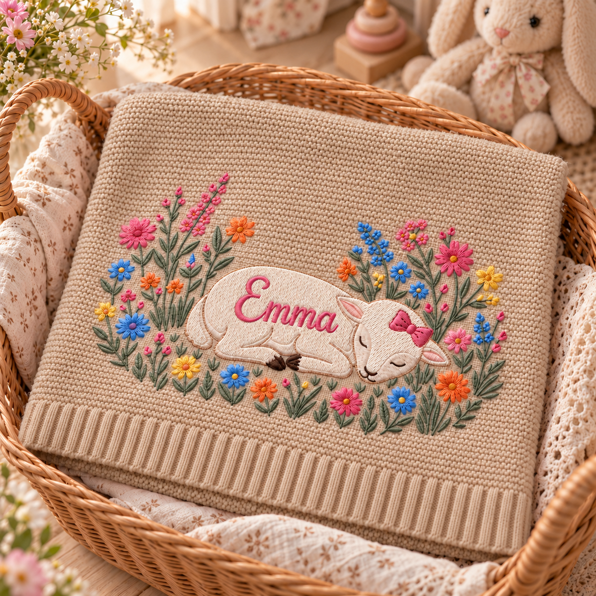 Custom Name Baby Knitted Blanket Sleeping Lamb Wildflowers Warm Infant Swaddle Sheet Throw