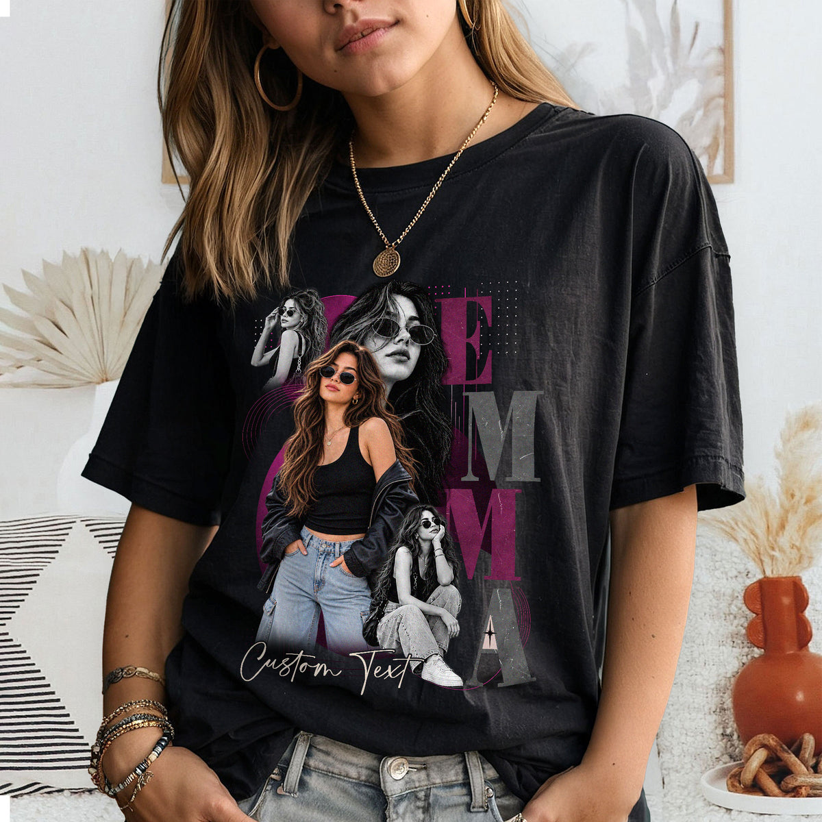 Custom Photo T-Shirt Vintage Rap Tee Graphic Shirt Custom Name Picture Collage Oversized
