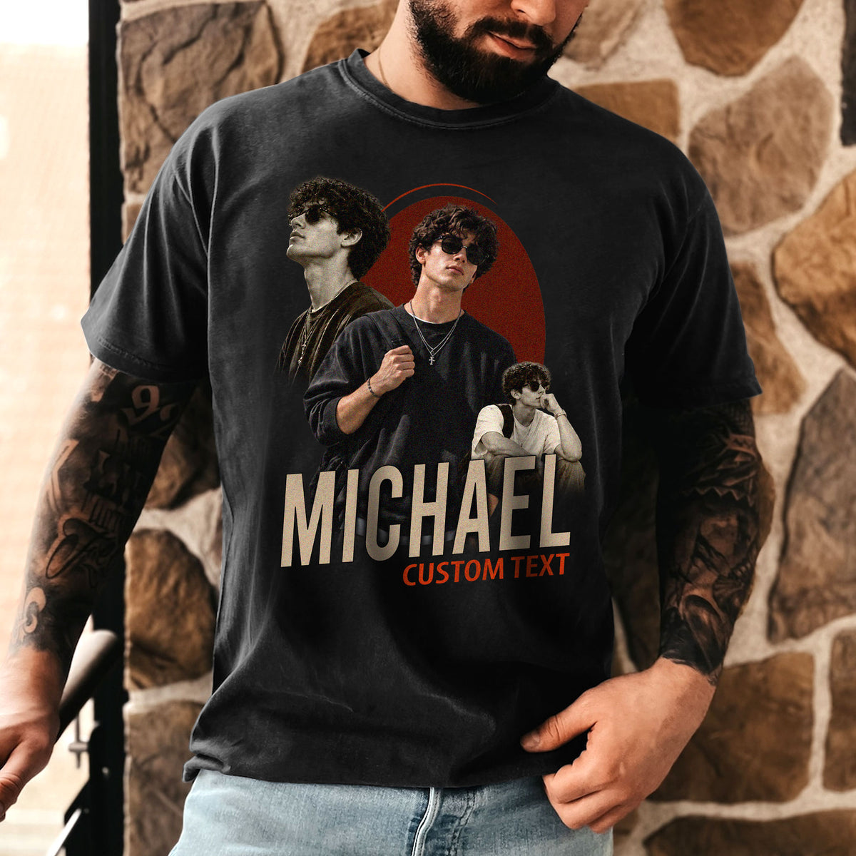 Custom Photo T-Shirt Vintage Oval Graphic Shirt Personalized Picture Bracket Name Custom Tee