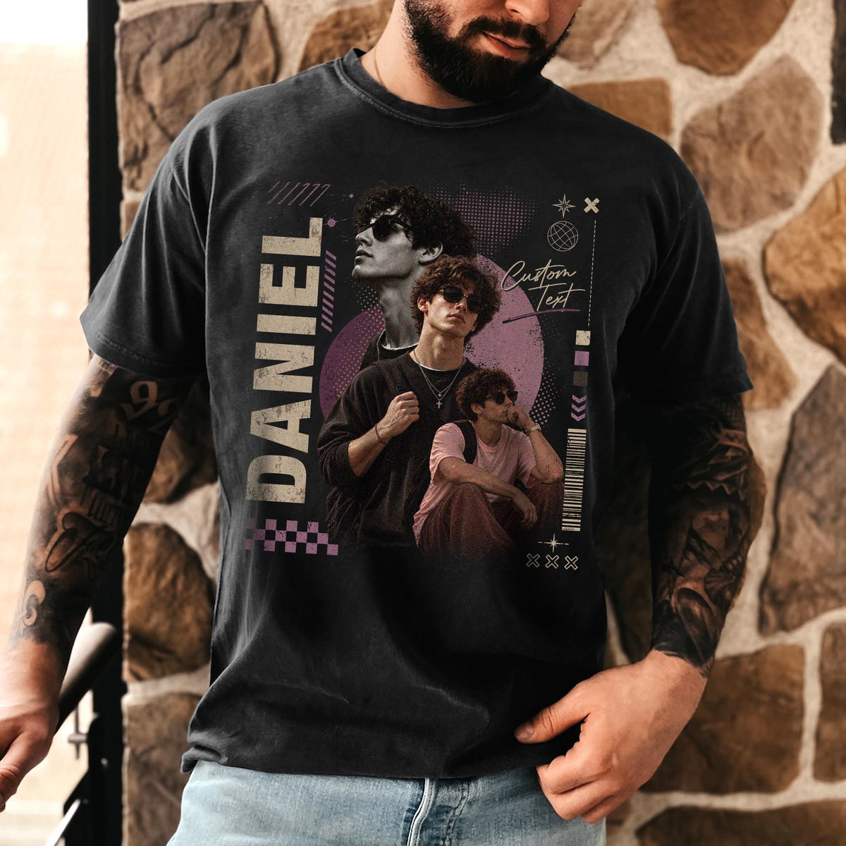 Custom Photo T-Shirt Vintage Streetwear Graphic Shirt Personalized Picture Collage Name Tee