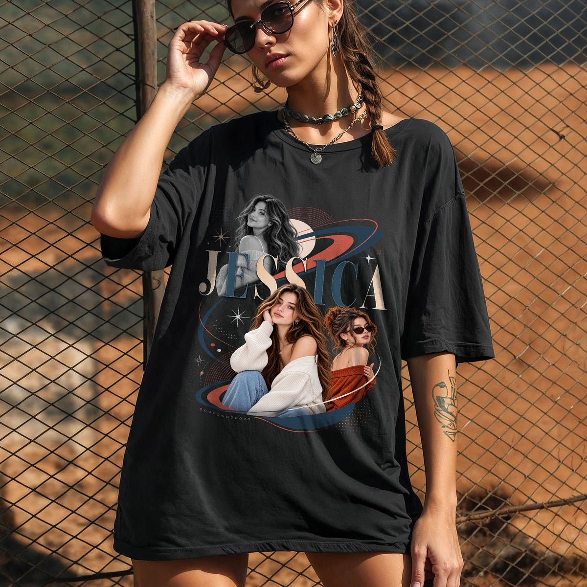 Custom Photo T-Shirt Vintage Planetary Orbit Graphic Tee Personalized Name Picture Shirt