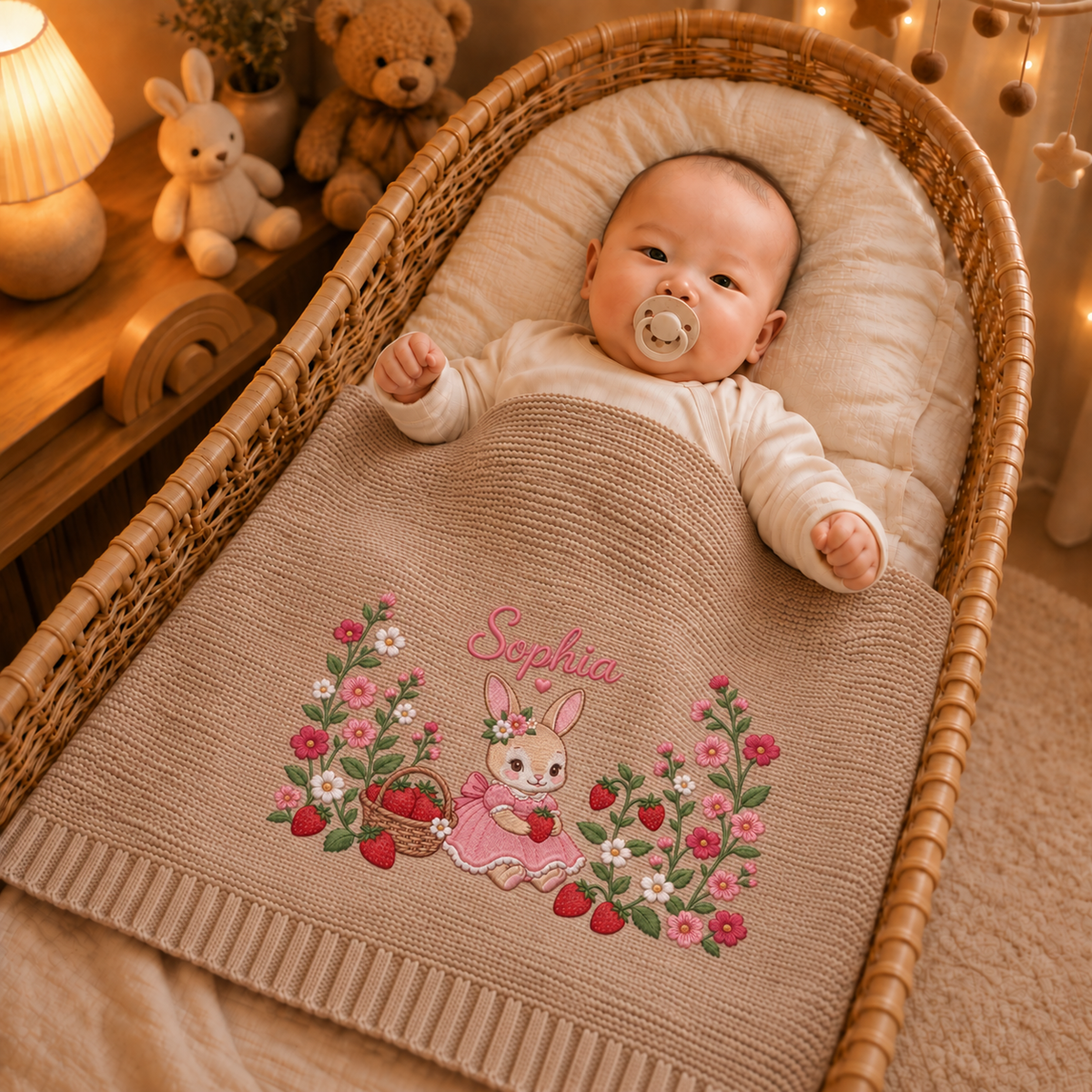Custom Name Baby Knitted Blanket Bunny Rabbit Strawberry Flowers Warm Infant Swaddle Throw