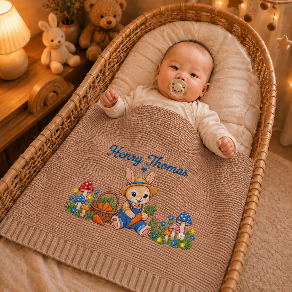 Custom Name Baby Knitted Blanket Bunny Rabbit Mushrooms Carrots Warm Infant Swaddle Throw