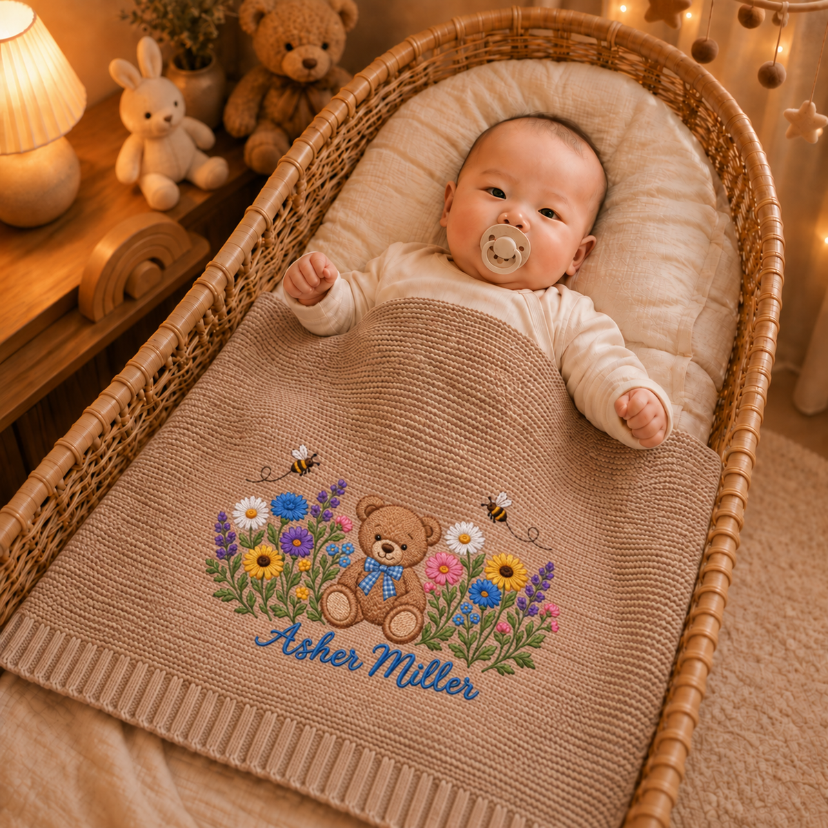 Custom Name Baby Knitted Blanket Teddy Bear Bees Wildflowers Warm Infant Swaddle Throw