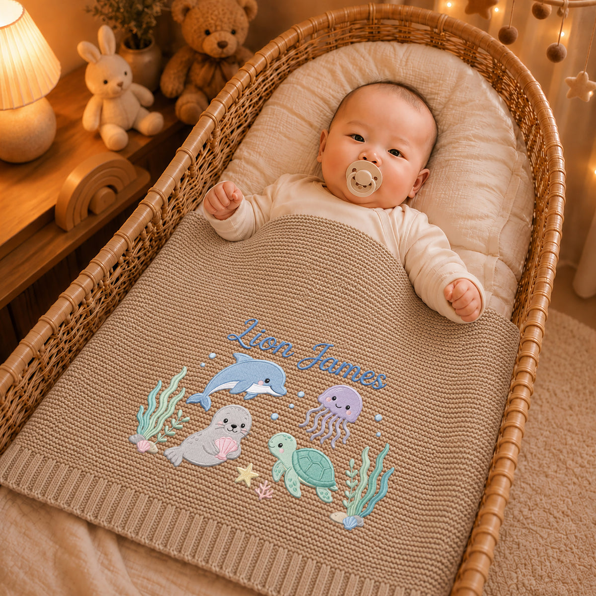 Custom Name Baby Knitted Blanket Dolphin Seal Sea Turtle Warm Infant Swaddle Sheet Throw