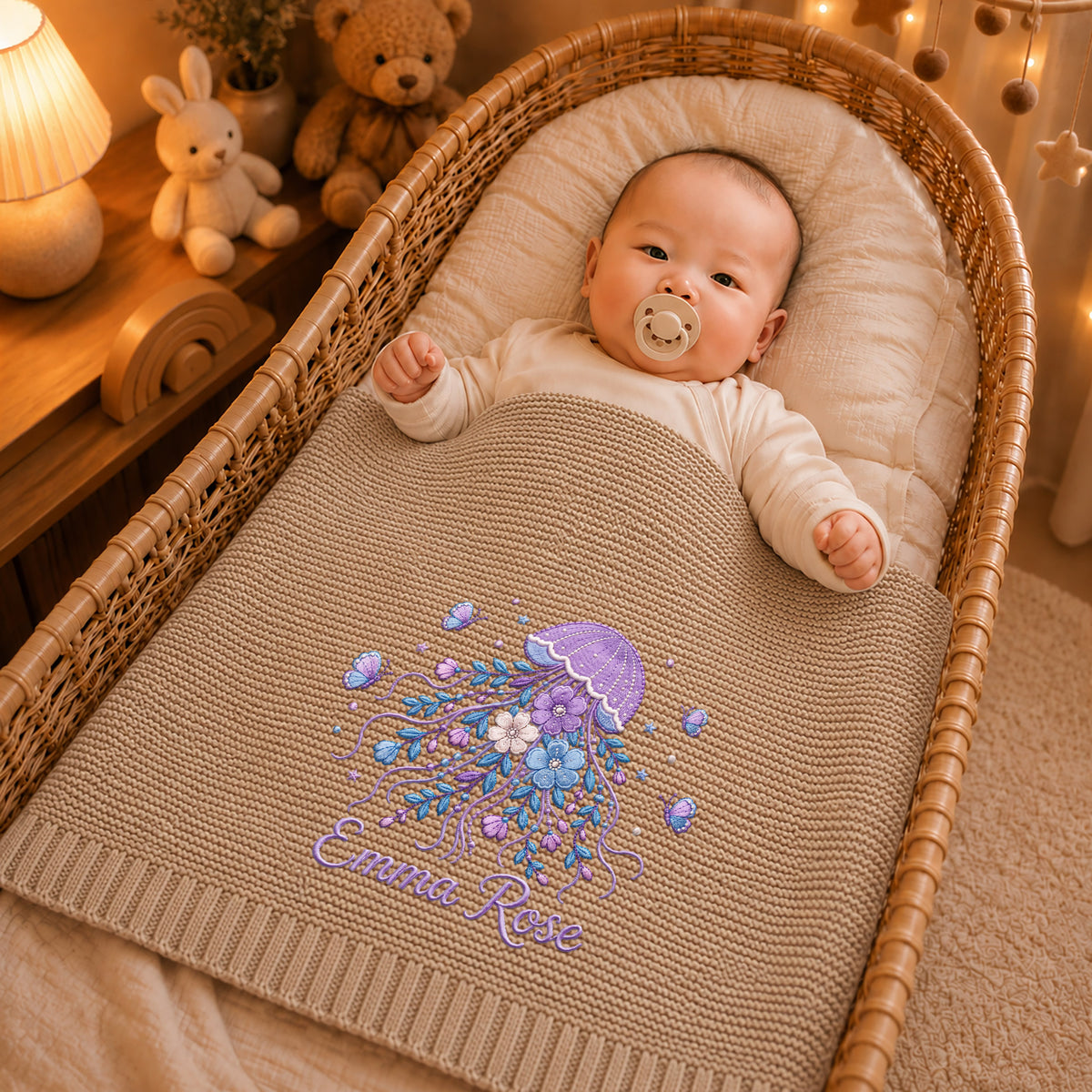Custom Name Baby Knitted Blanket Jellyfish Floral Butterflies Warm Swaddle Sheet Throw