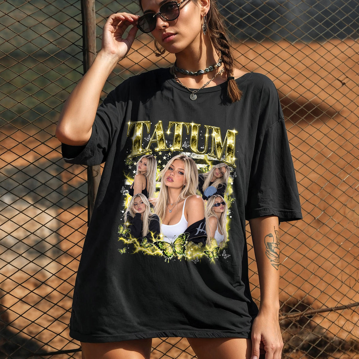 Custom Rhinestone USA Flag Name Butterfly Photo Collage T Shirt Top Apparel Outfit