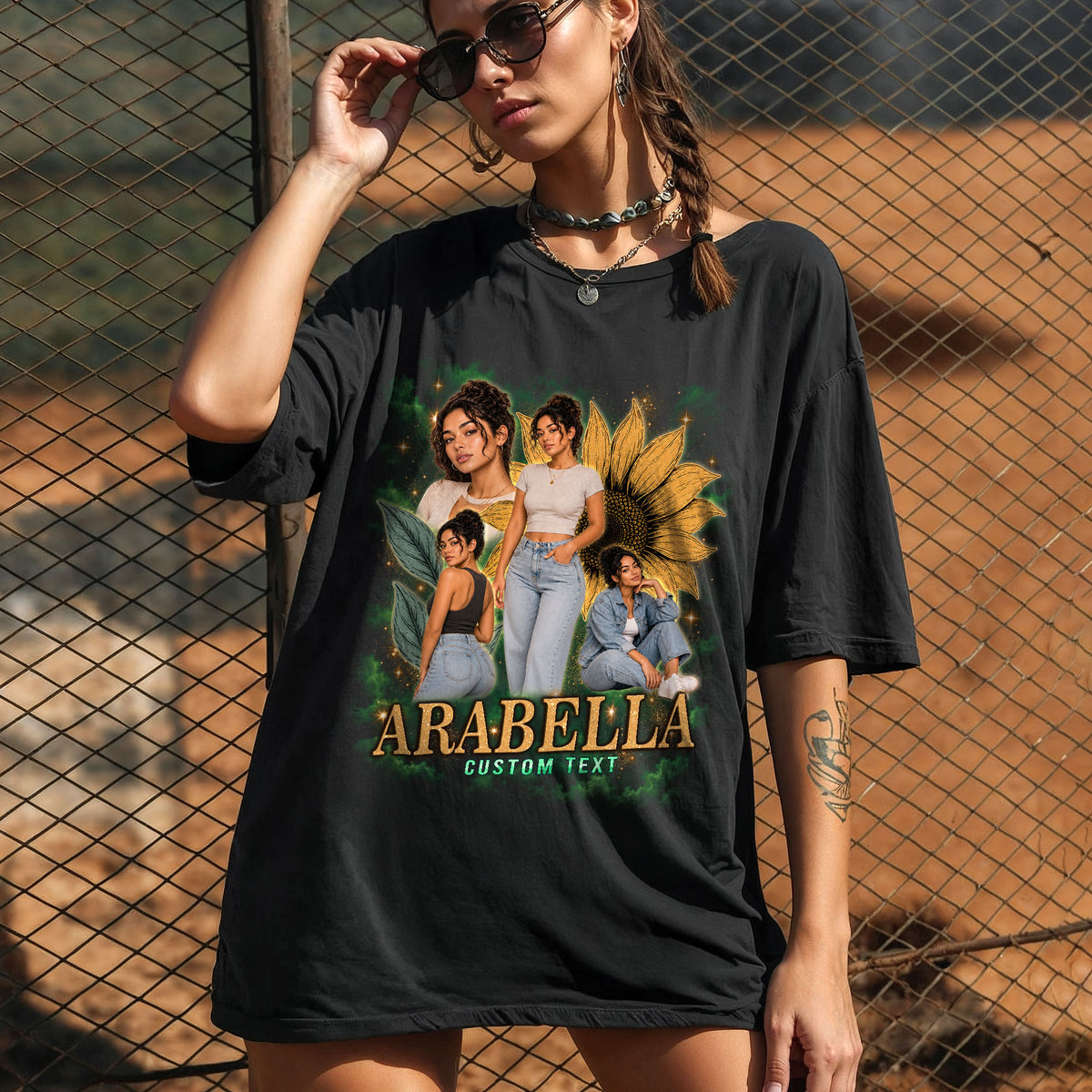 Personalized Vintage Sunflower Custom Photo Graphic Tee Shirt Retro Cotton Apparel
