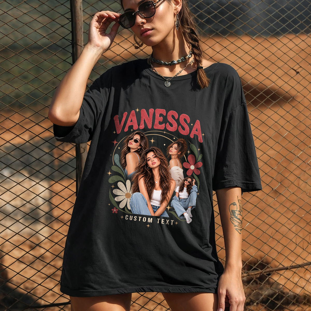 Personalized Vintage Floral Custom Photo Graphic Tee Shirt Retro Cotton Apparel