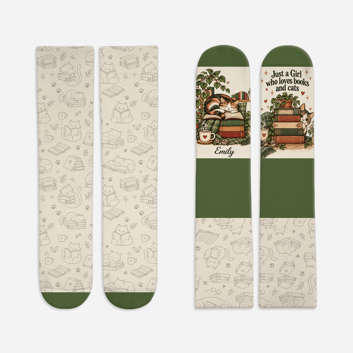 Custom Book Socks with Girl and Cat Reader Art, Socks for Women and Men with Style, Christmas Gifts and Book Lovers Gifts for Reading, Pallyprints Co.