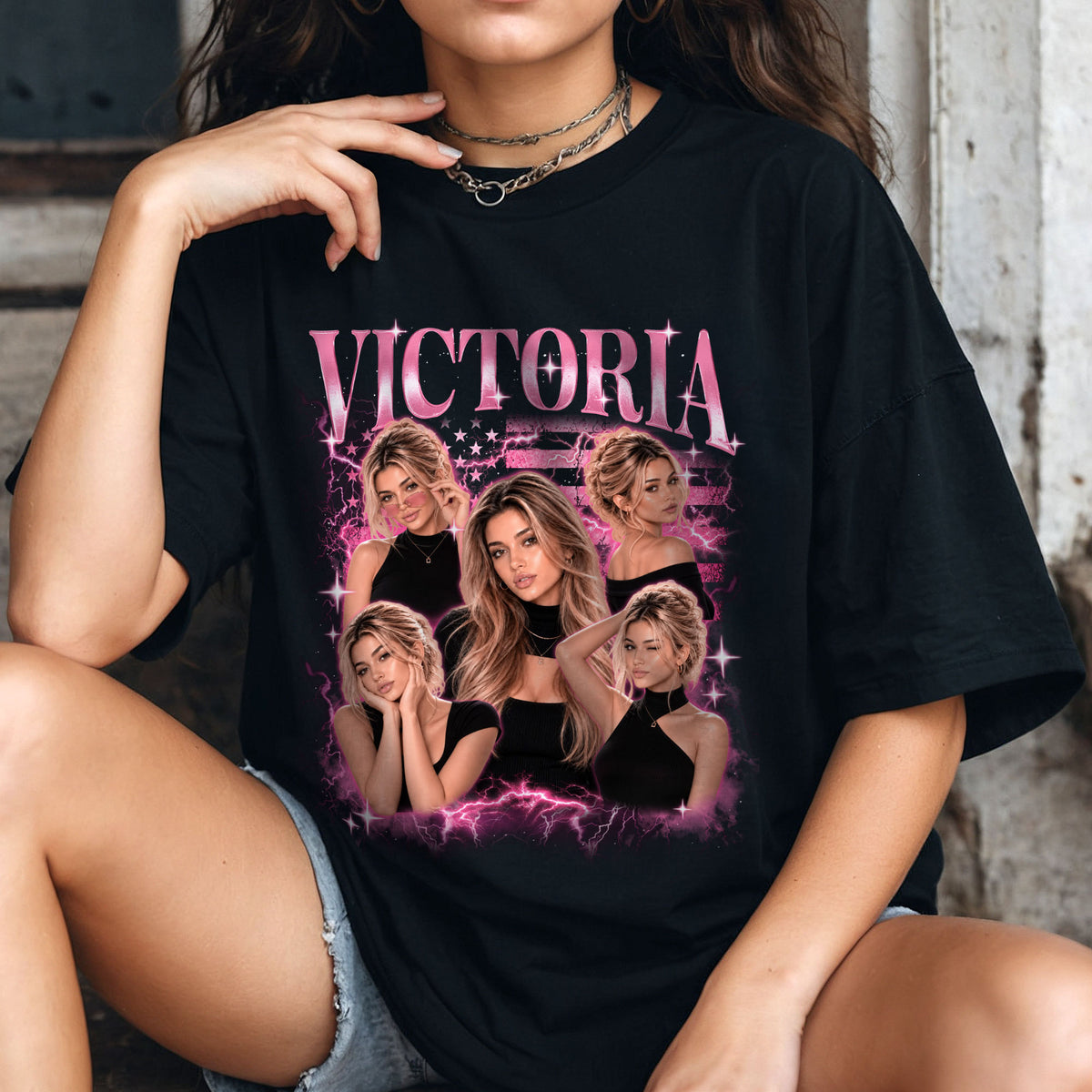 Personalized Vintage Sparkle Custom Photo Graphic Tee Shirt Retro Cotton Apparel