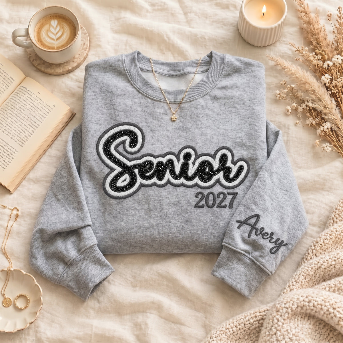 Senior Sweatshirt Custom Name Sleeve Embroidered Glitter Class of Any Year Gift