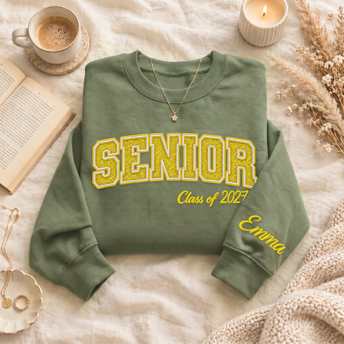 Senior Sweatshirt Glitter Varsity Letter Embroidered Custom Sleeve Name Grad Gift
