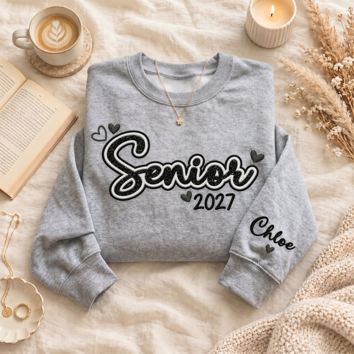 Senior Sweatshirt Custom Name Sleeve Heart Glitter Embroidery Grad Gift Crewneck
