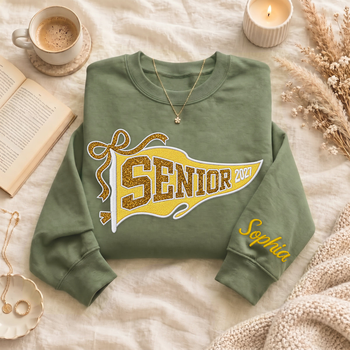 Senior Sweatshirt Pennant Flag Ribbon Glitter Embroidery Custom Name Sleeve Gift