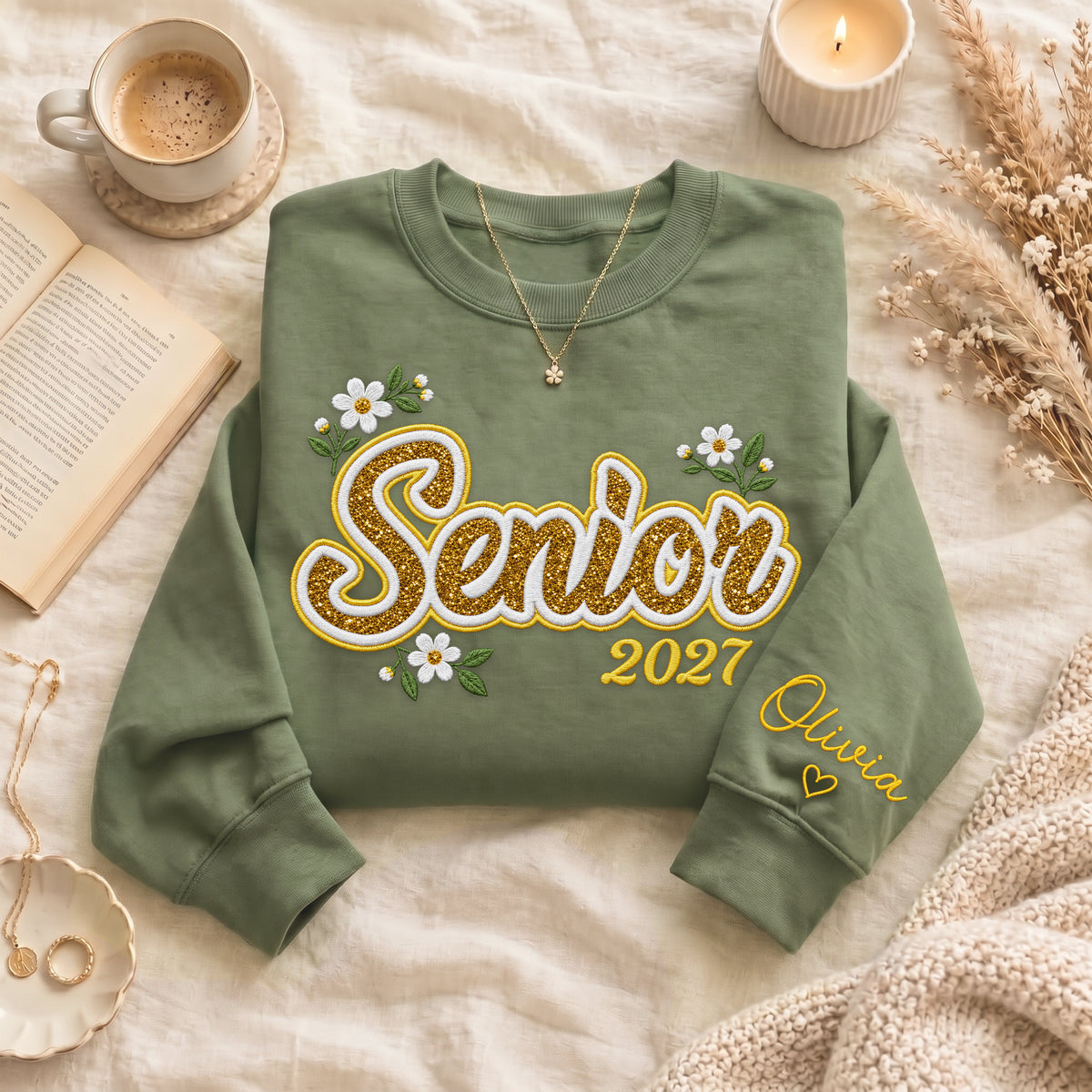 Senior Sweatshirt Floral Daisy Glitter Embroidery Custom Name Sleeve Grad Gift