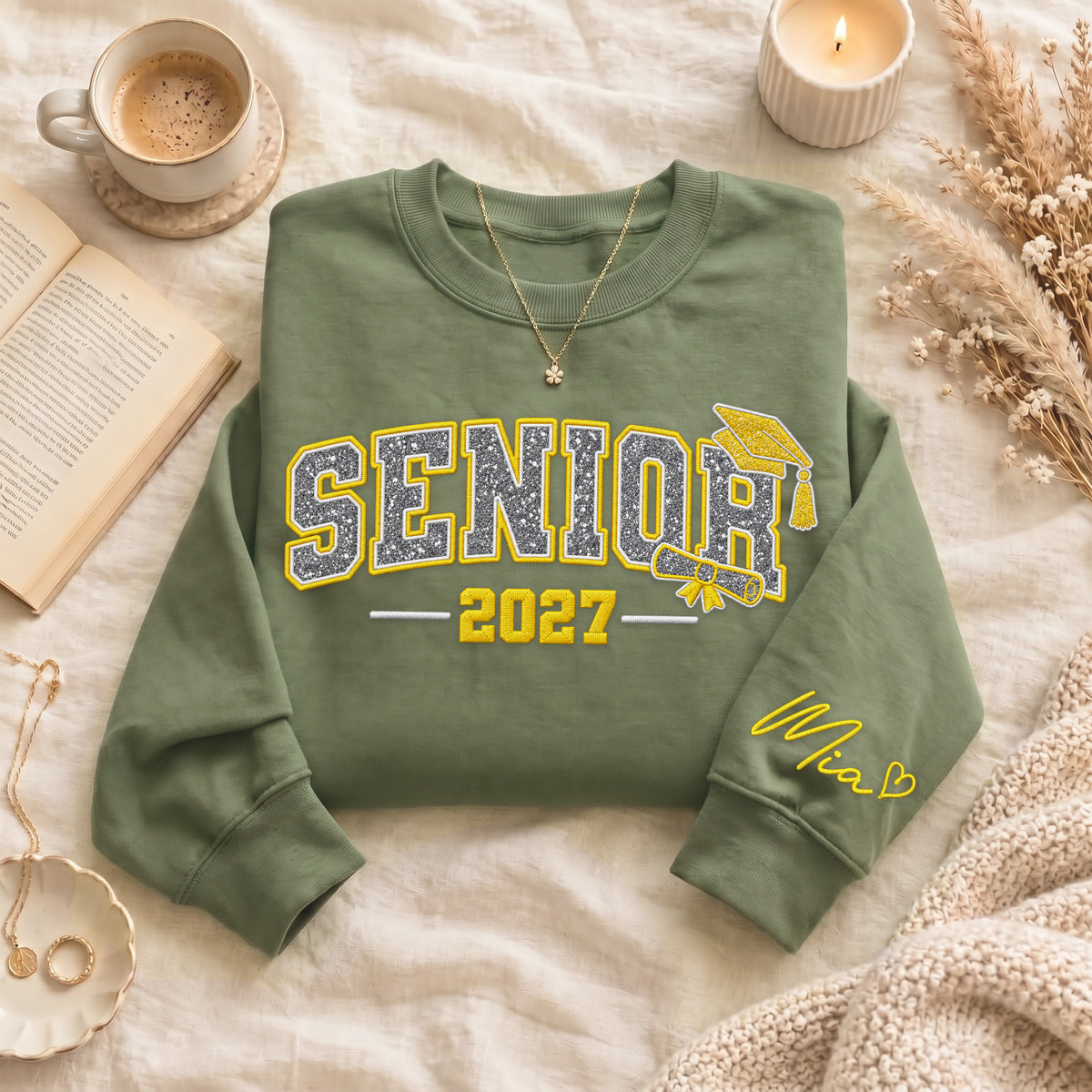 Senior Sweatshirt Grad Cap Diploma Silver Glitter Embroidery Custom Name Sleeve