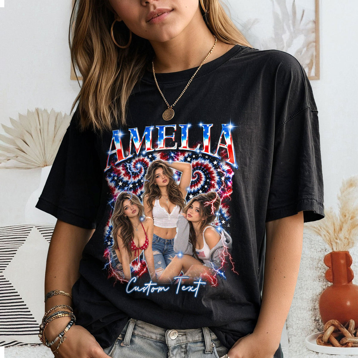 Custom Vintage Photo Collage T Shirt Unisex Patriotic Star Graphic Tee Clothing Top
