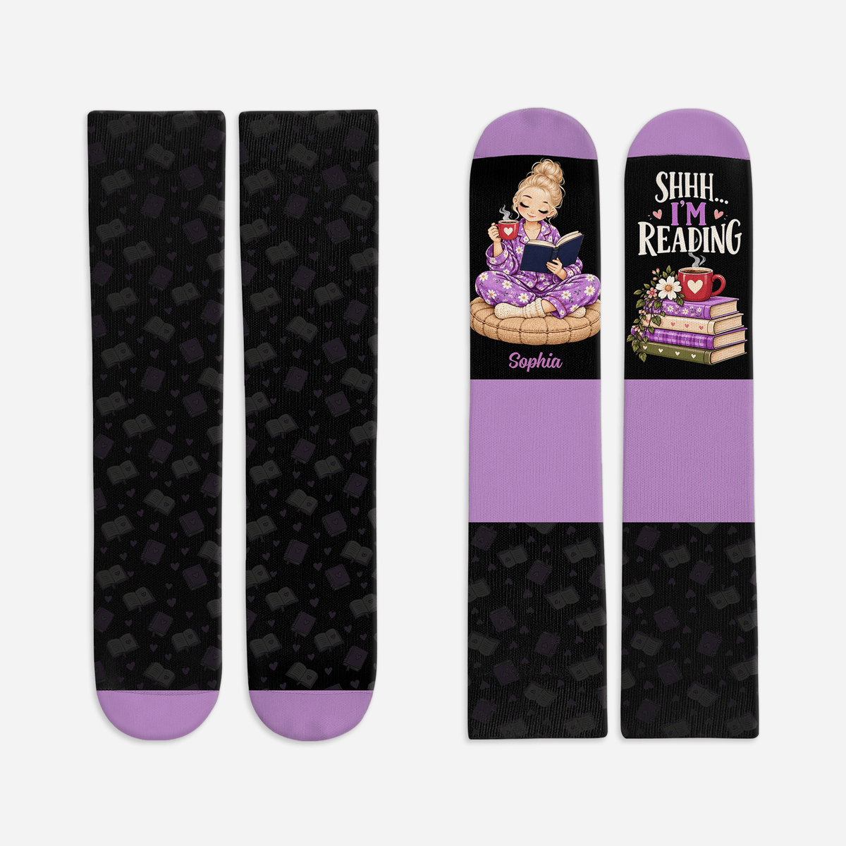 Custom Book Socks with Black Reader Art, Socks for Women and Men with Comfort, Christmas Gifts and Book Lovers Gifts for Reading Time, Pallyprints Co.