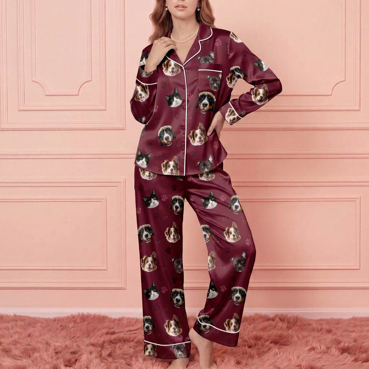 Custom Pet Face Satin Pajamas Set Personalised Dog Cat Face PJs Women Sleepwear Gift