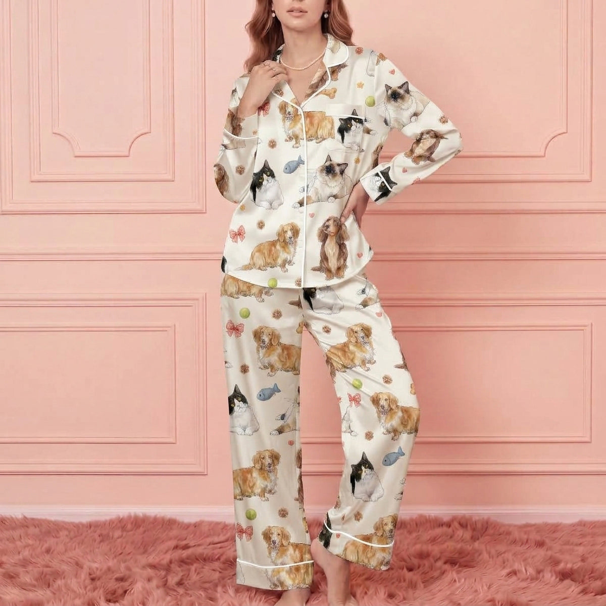 Custom Dog Cat Satin Pajamas Personalised Full Body Pet Photo PJs Women Sleepwear Set