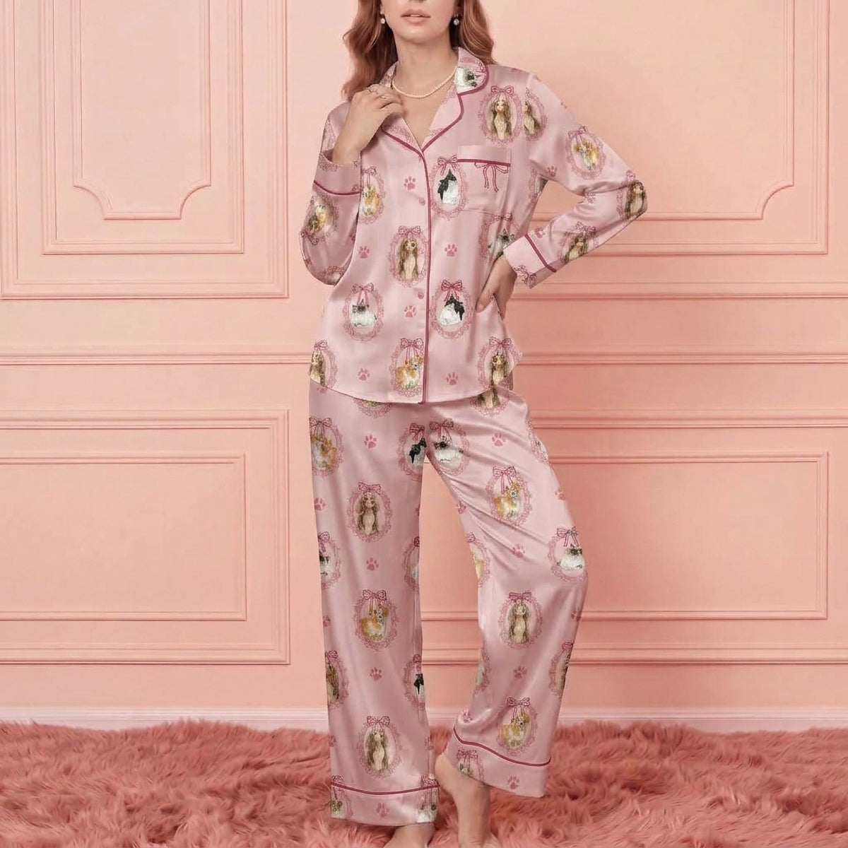 Custom Pet Satin Pajamas Set Personalised Dog Cat Portrait PJs Vintage Bow Sleepwear