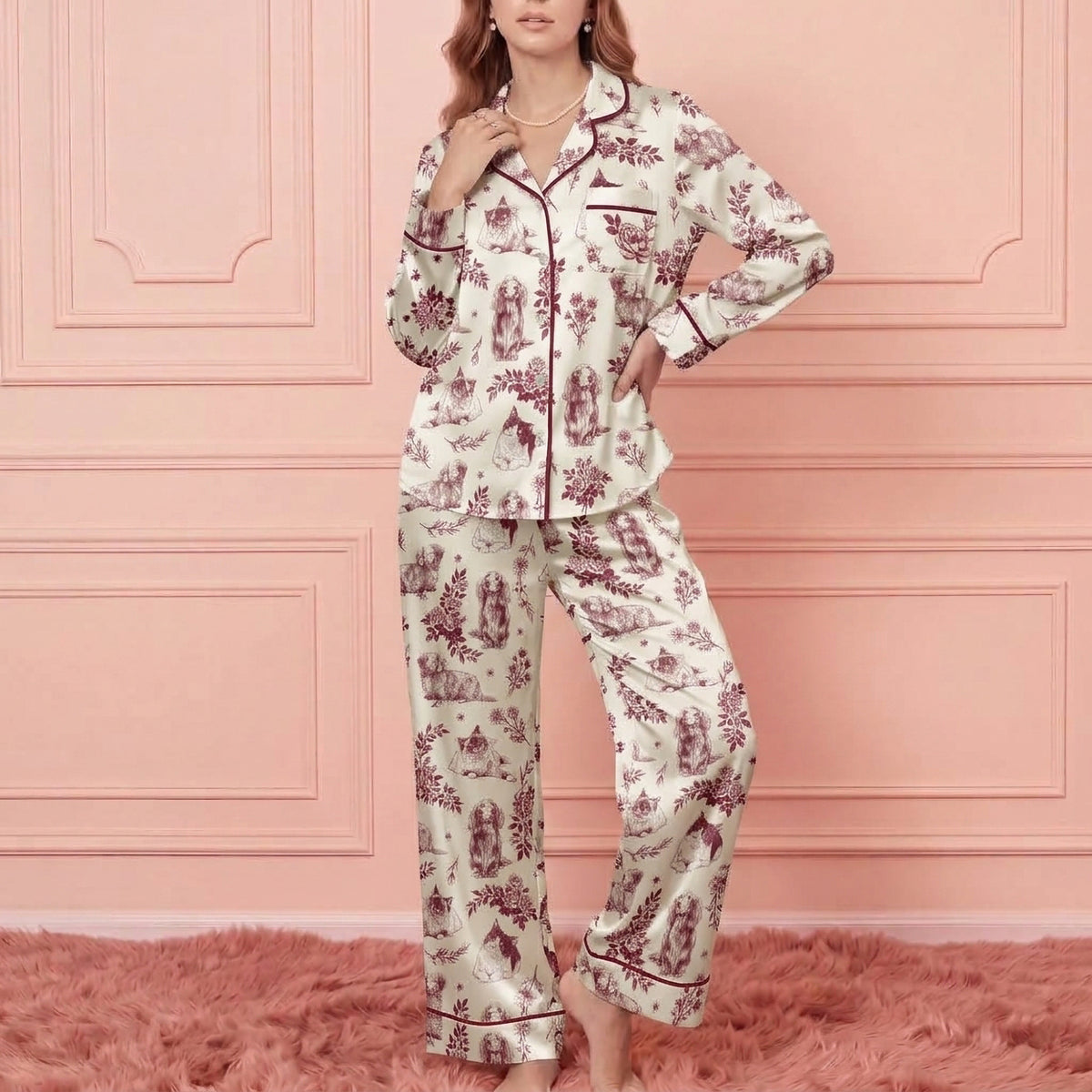 Custom Pet Satin Pajamas Set Personalised Vintage Floral Toile Dog Cat PJs Sleepwear