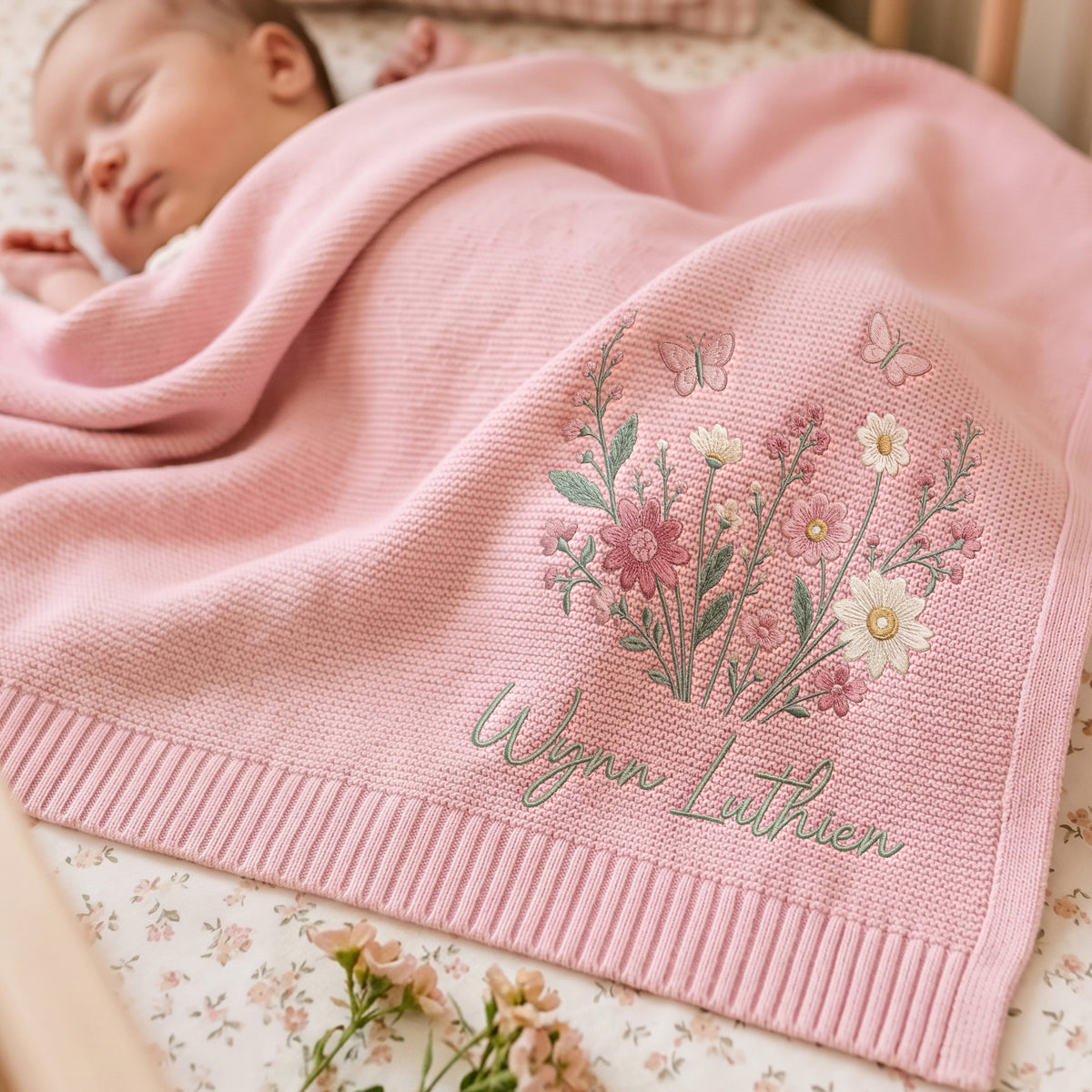 Personalized Embroidered Baby Name Blanket Floral Butterfly Custom Knit Blanket Baby Gift