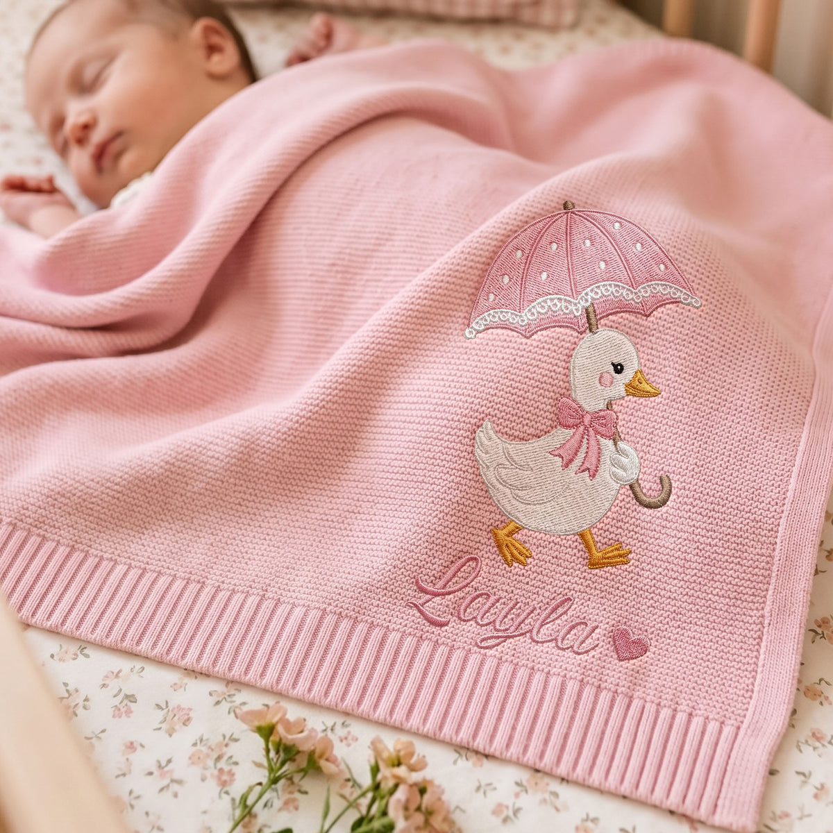 Personalized Embroidered Baby Name Blanket Cute Duck Umbrella Custom Knit Baby Shower Gift