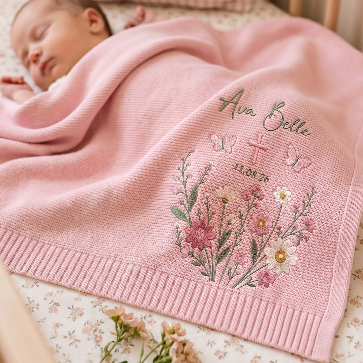 Personalized Embroidered Baby Name Blanket Baptism Cross Floral Knit Baby Shower Gift