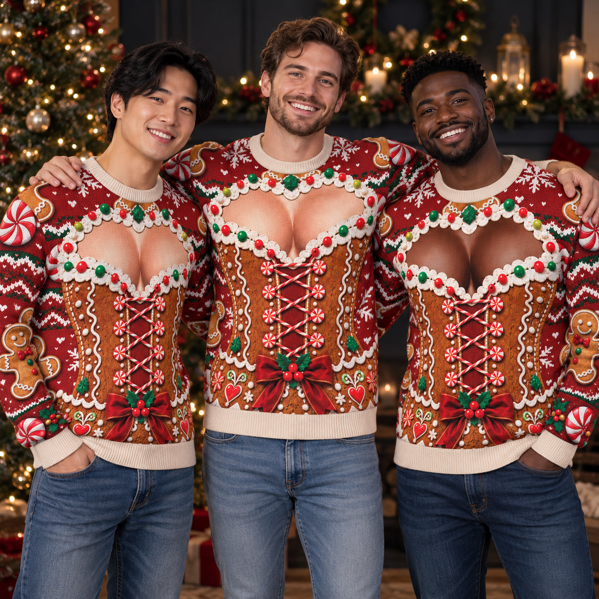 Funny Ugly Christmas Sweater Gingerbread Sexy Cleavage Custom Skin Tone Party Sweatshirt