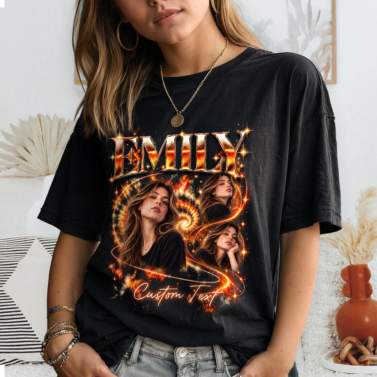 Custom Photo Bootleg T Shirt Vintage Y2K Retro Graphic Tee Personalized Text Name Shirt