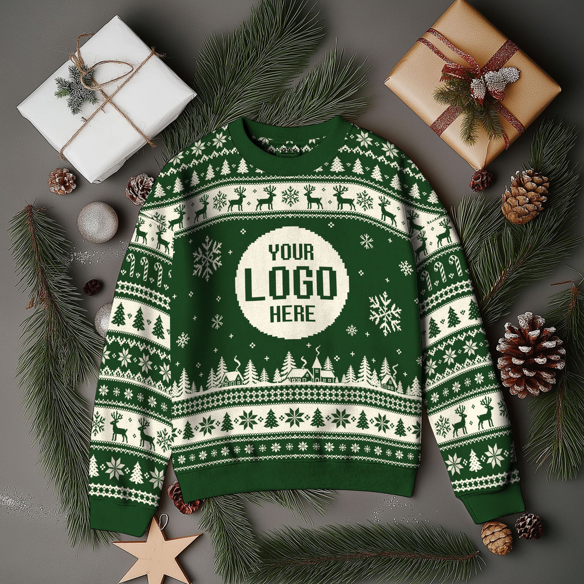 Custom Logo Ugly Christmas Sweater Reindeer Fair Isle Pattern Holiday Jumper