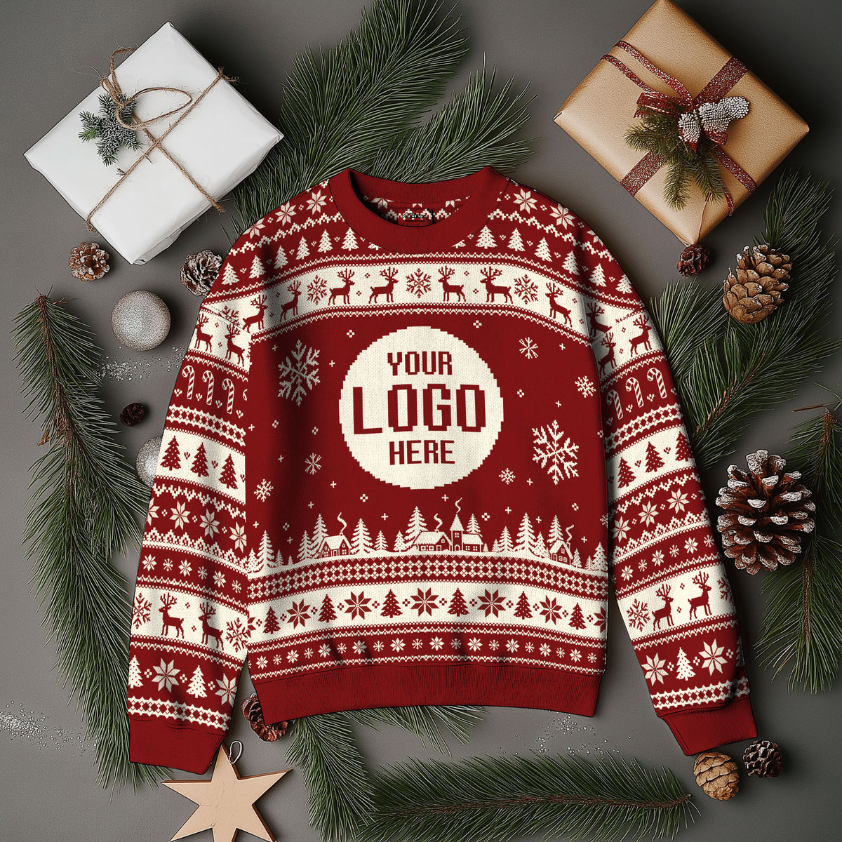 Custom Logo Ugly Christmas Sweater Red Reindeer Fair Isle Pattern Holiday Jumper