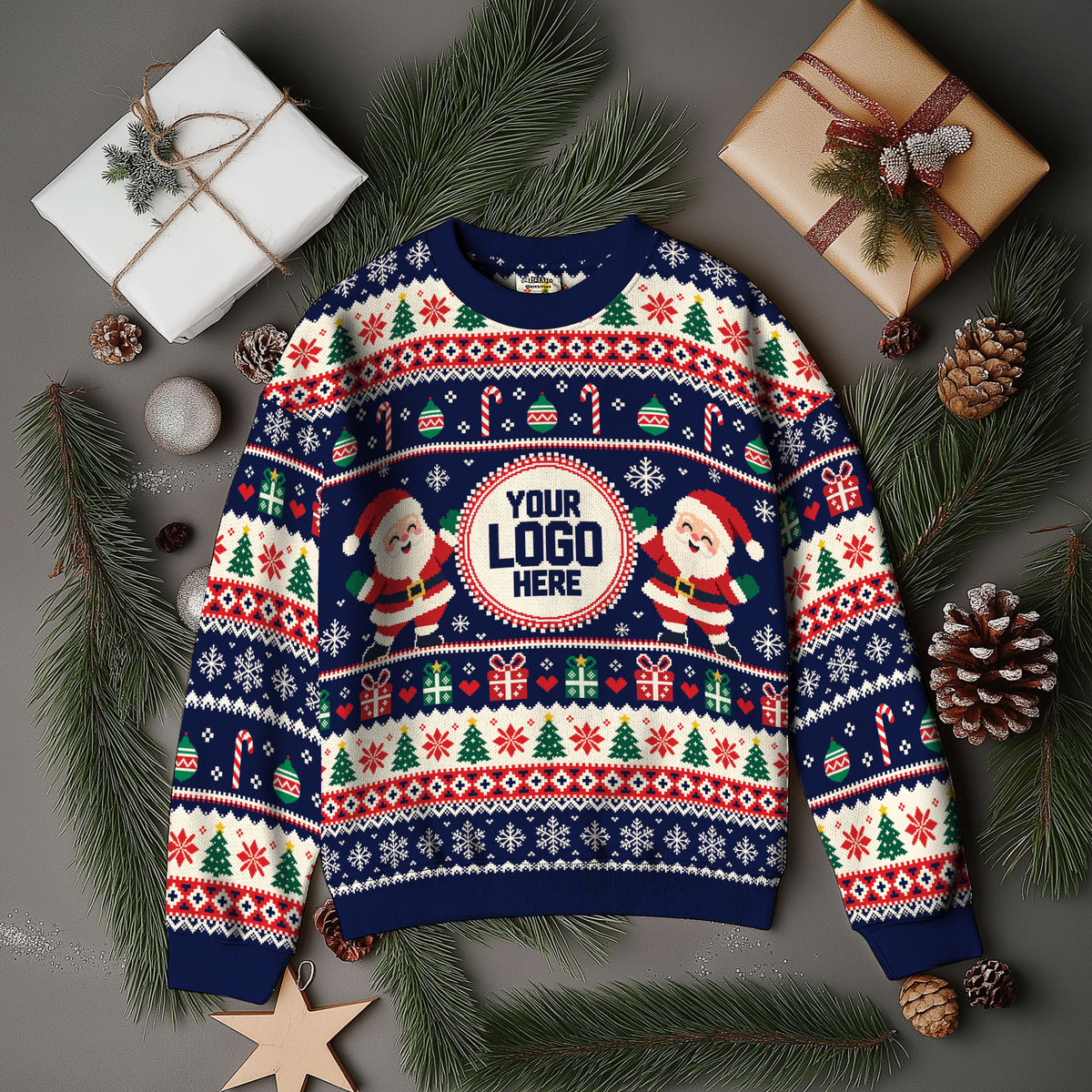 Custom Logo Ugly Christmas Sweater Santa Claus Christmas Tree Holiday Jumper