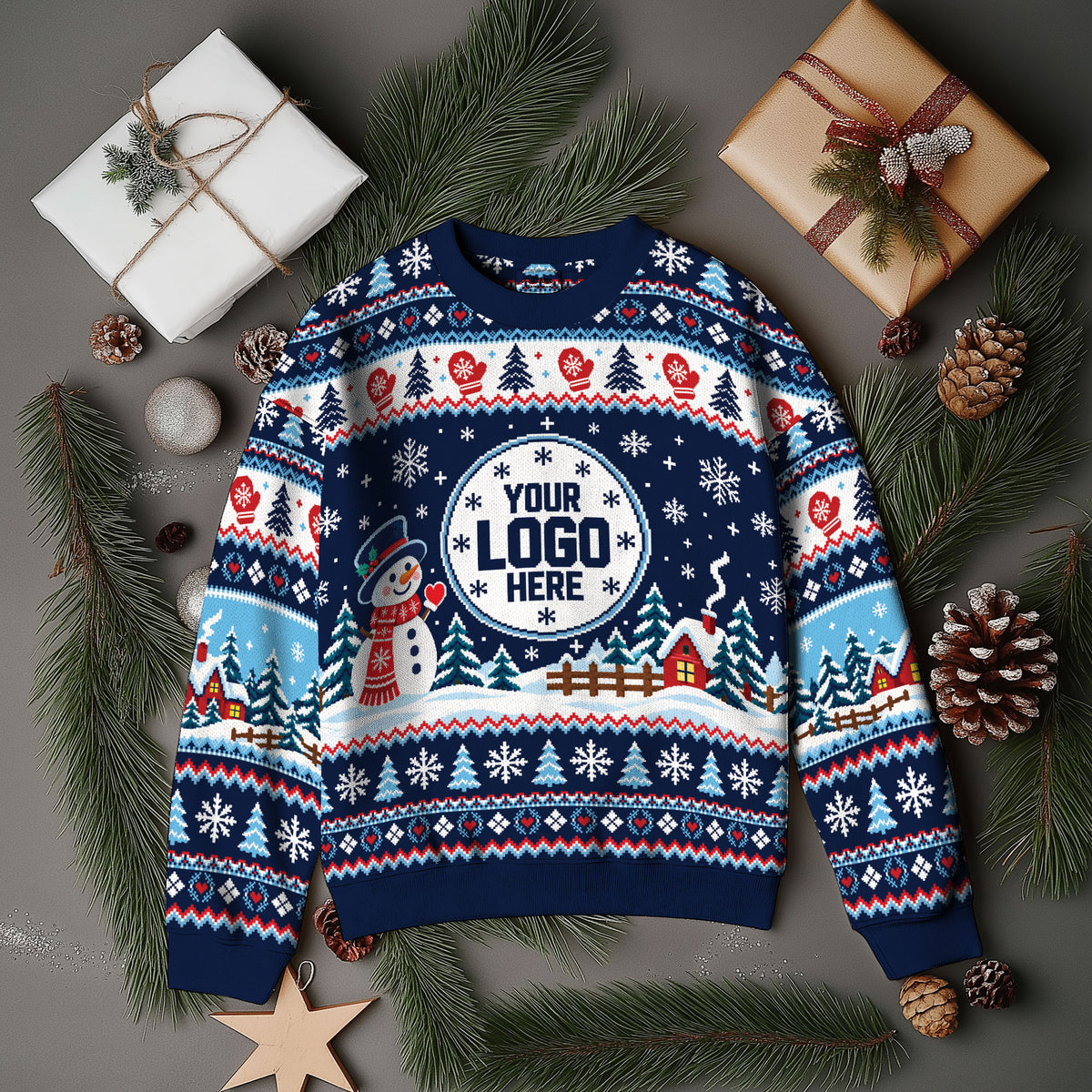 Custom Logo Ugly Sweater Snowman Winter Village Patterned Xmas Party Pullover