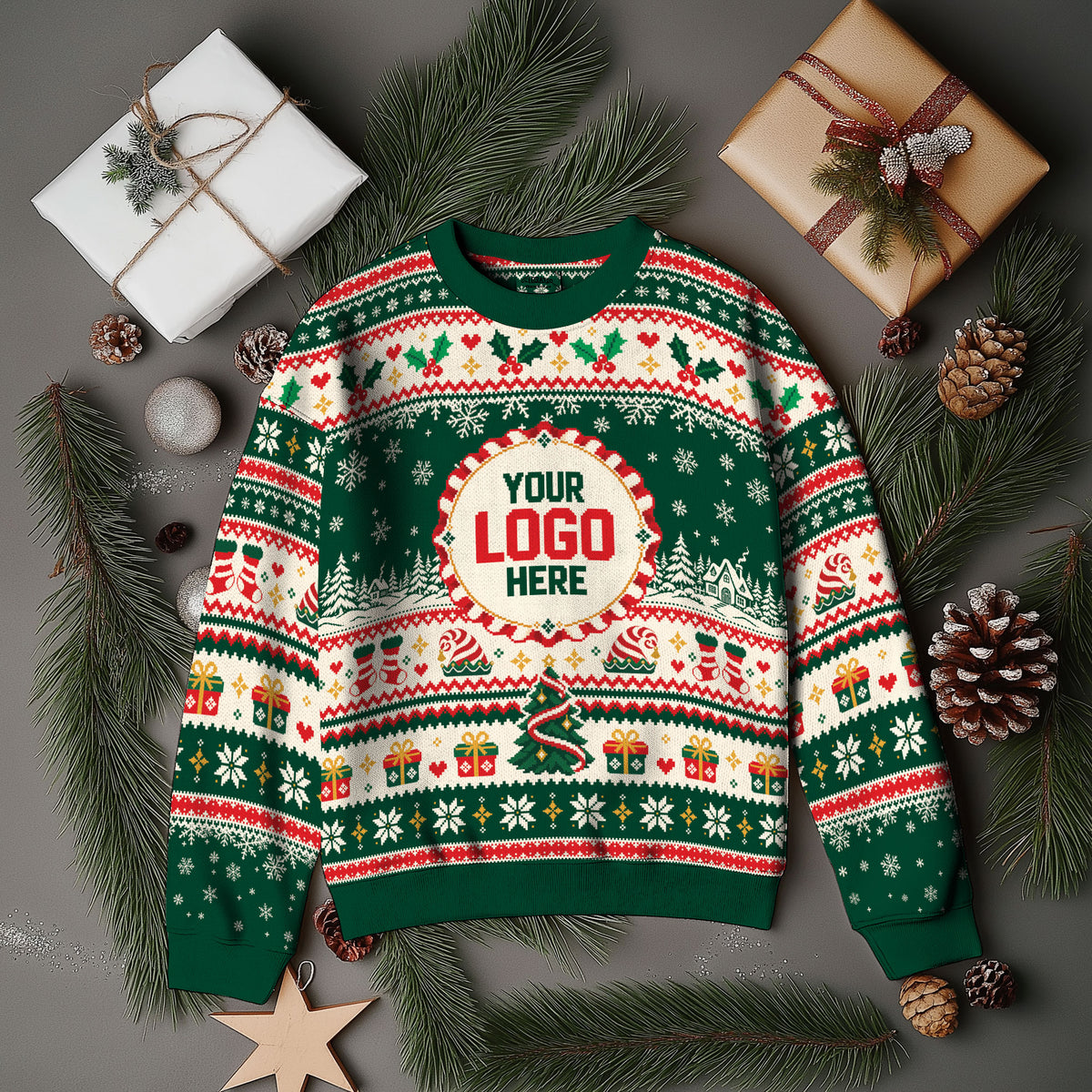 Custom Logo Ugly Christmas Sweater Holly Berry Stocking Patterned Holiday Jumper