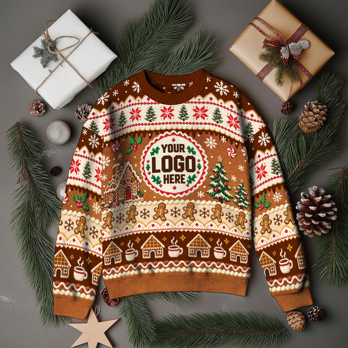 Custom Logo Ugly Christmas Sweater Gingerbread House Man Patterned Holiday Jumper