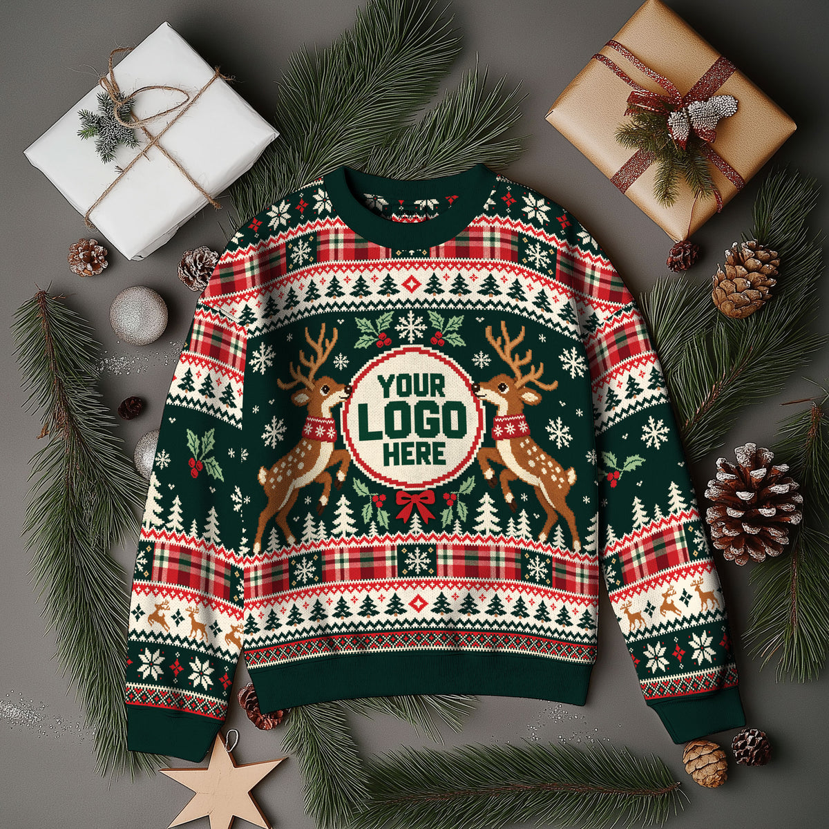 Custom Logo Ugly Sweater Green Reindeer Holly Berry Plaid Patterned Xmas Pullover