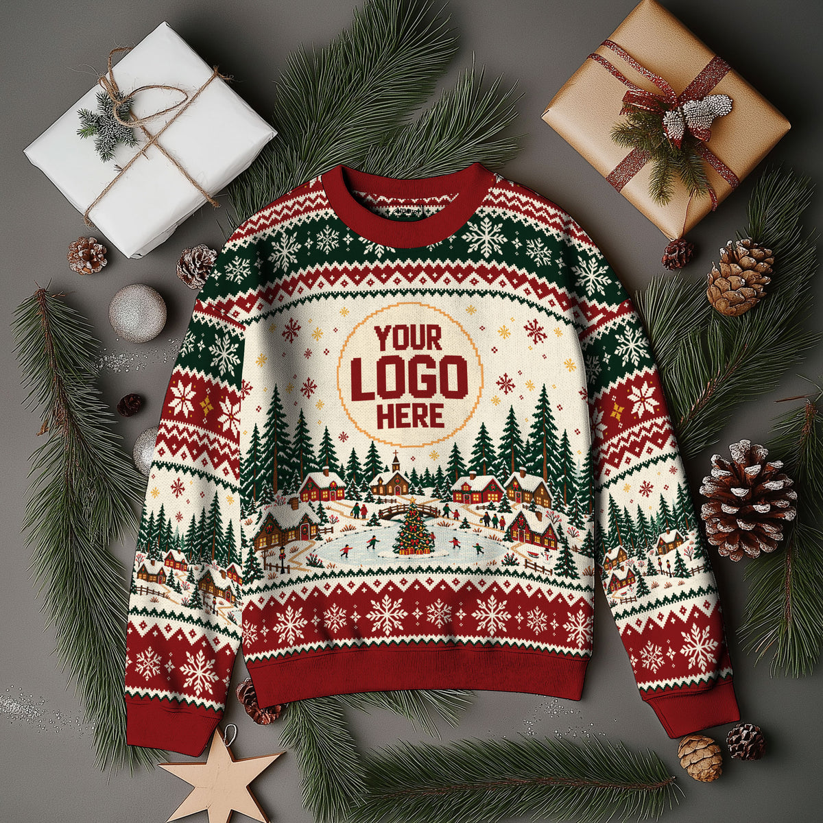Custom Logo Ugly Christmas Sweater Snowy Village Ice Skating Patterned Holiday Jumper