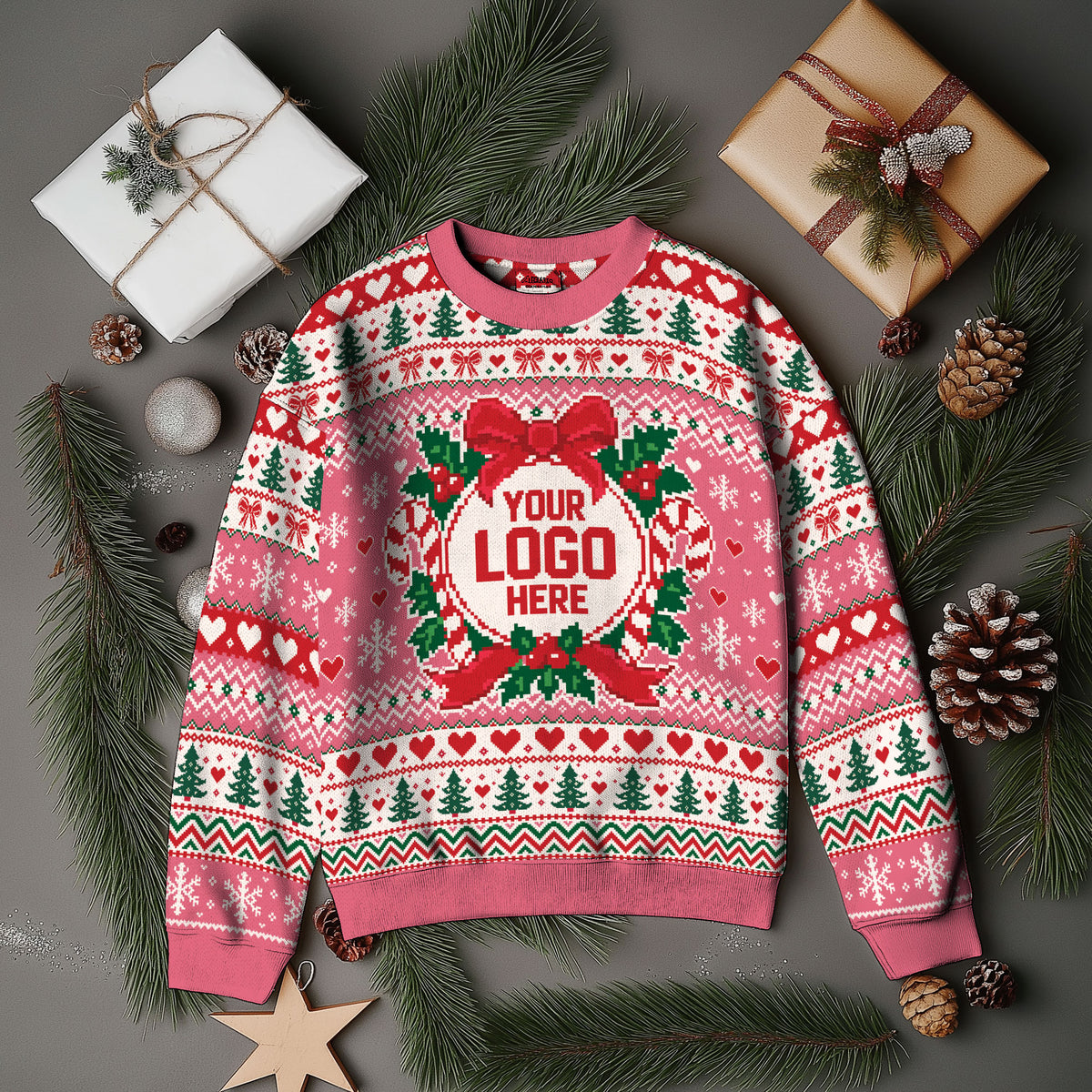 Custom Logo Ugly Christmas Sweater Pink Wreath Red Bow Heart Patterned Holiday Jumper