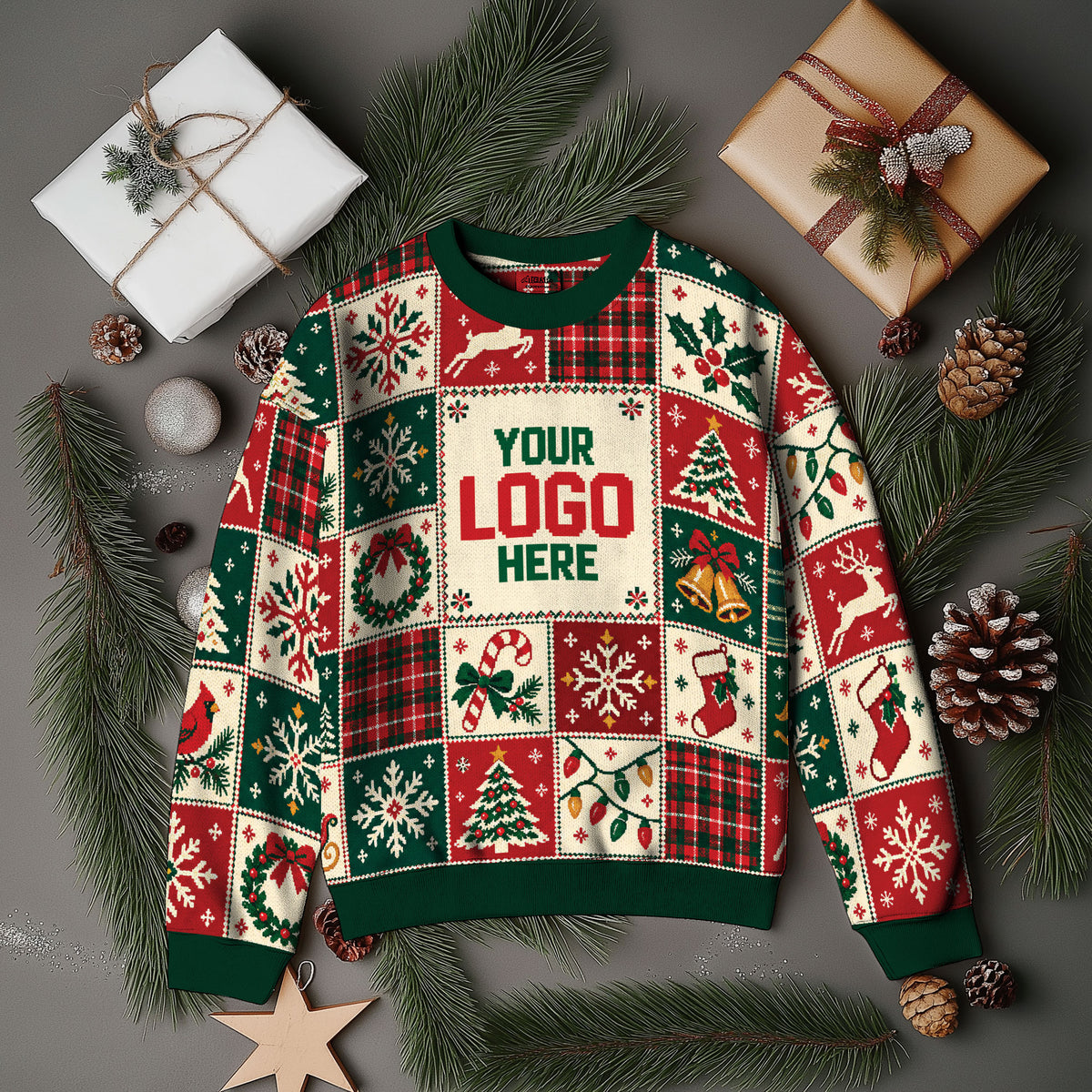 Custom Logo Ugly Christmas Sweater Patchwork Reindeer Plaid Grid Patterned Holiday Jumper