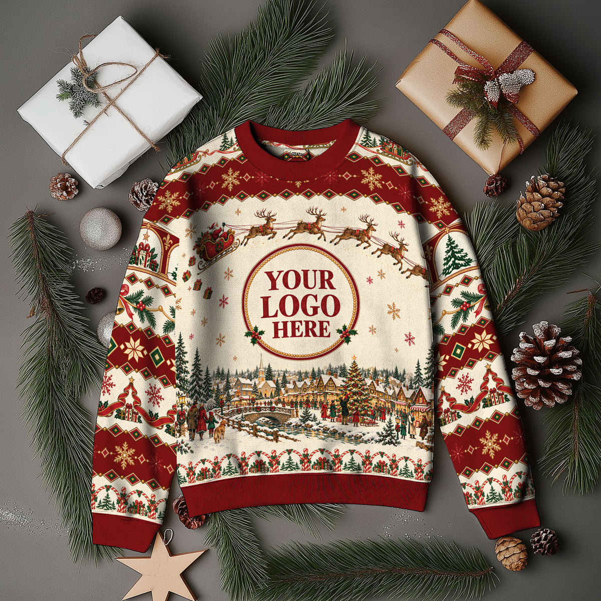Custom Logo Ugly Christmas Sweater Vintage Santa Sleigh Reindeer Town Holiday Jumper