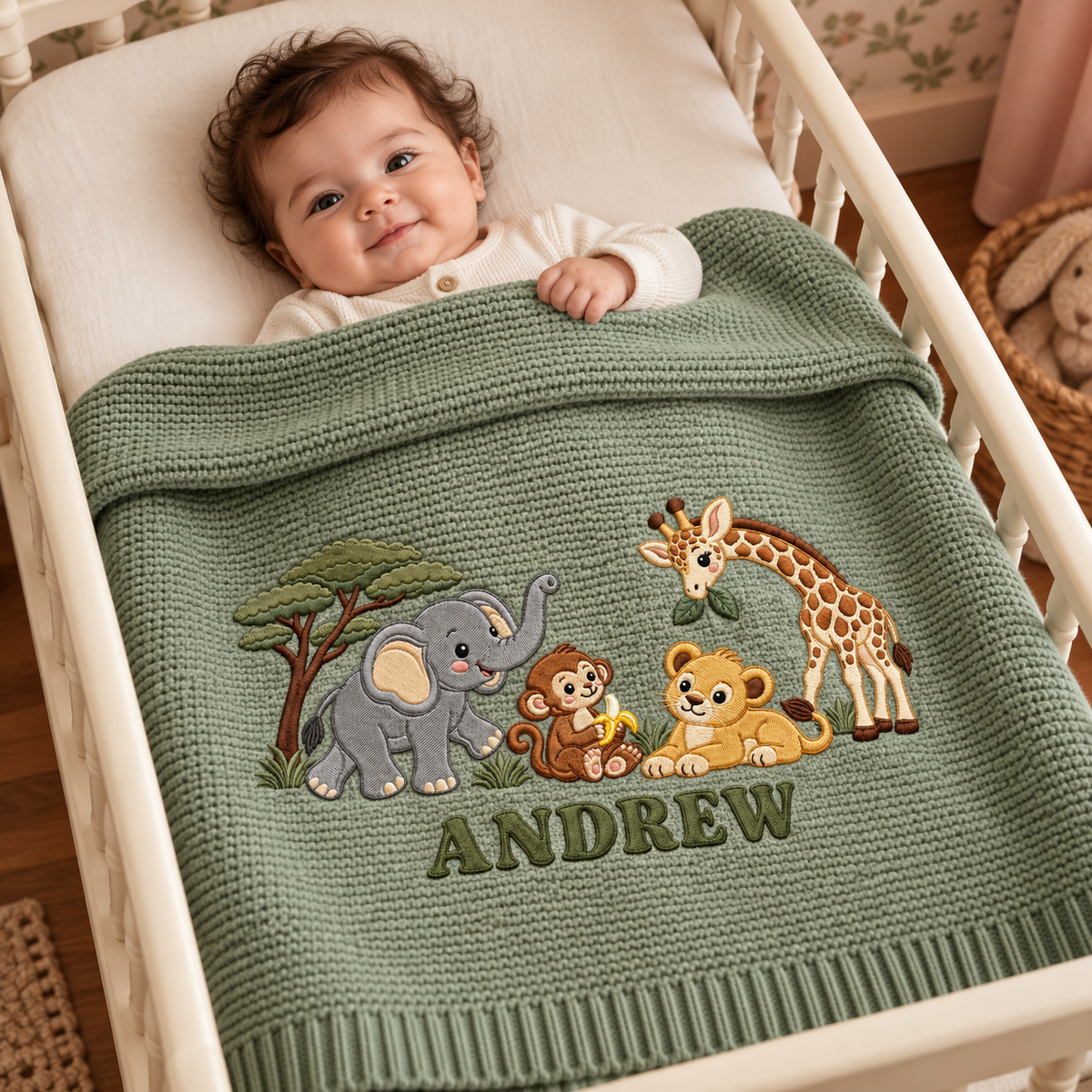 Custom Embroidered Baby Blanket Personalized Safari Animal Knit Blanket Baby Shower Gift